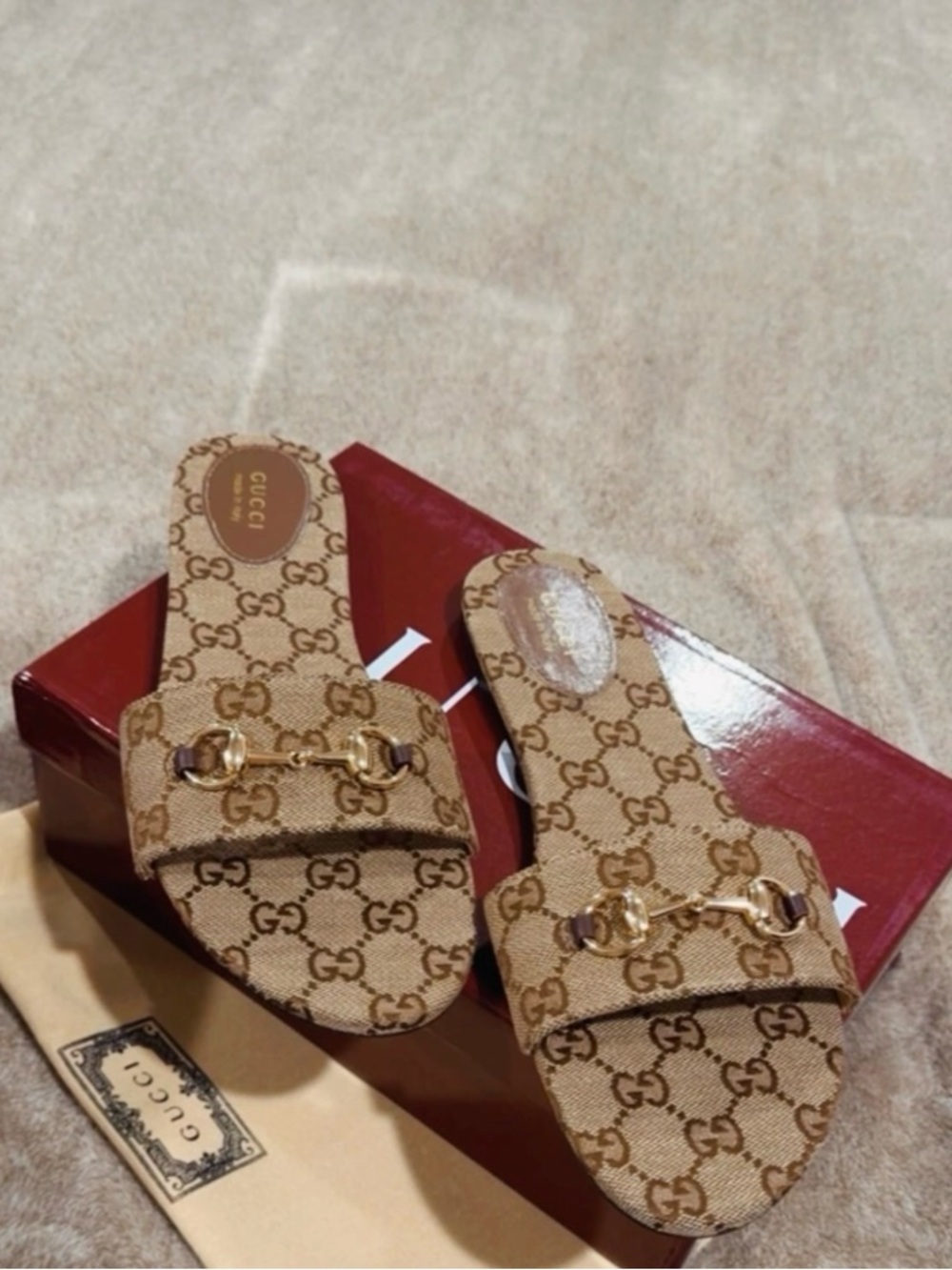 Gucci Beige/Tan Monogram Horsebit Slide Sandals